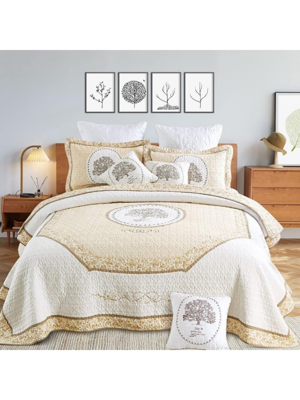 5PCS Tree of Life Quilt Set with Decorative Pillow Covers, Queen/Full Size